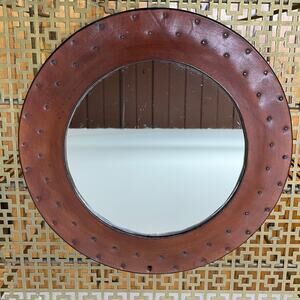 Gordon Keeler Vintage Mid-Century Handcrafted Round Brown Leather Framed Mirror
